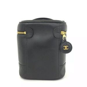 CHANEL Black Leather Vanity Cosmetic Case with Gold Hardware